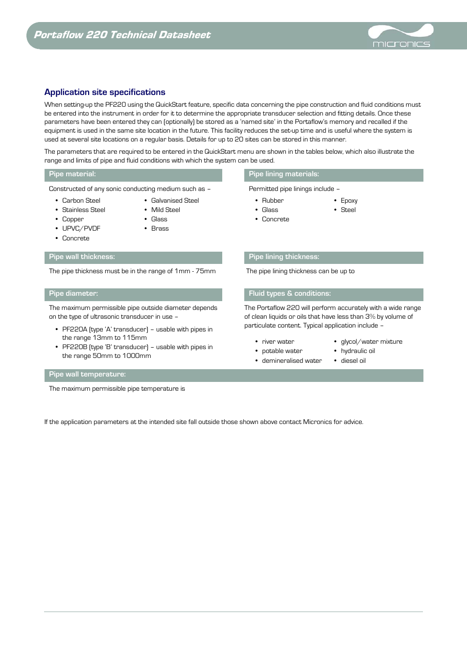 Application site specifications, Portaflow 220 technical datasheet | Atec Micronics-PF220 User Manual | Page 4 / 8