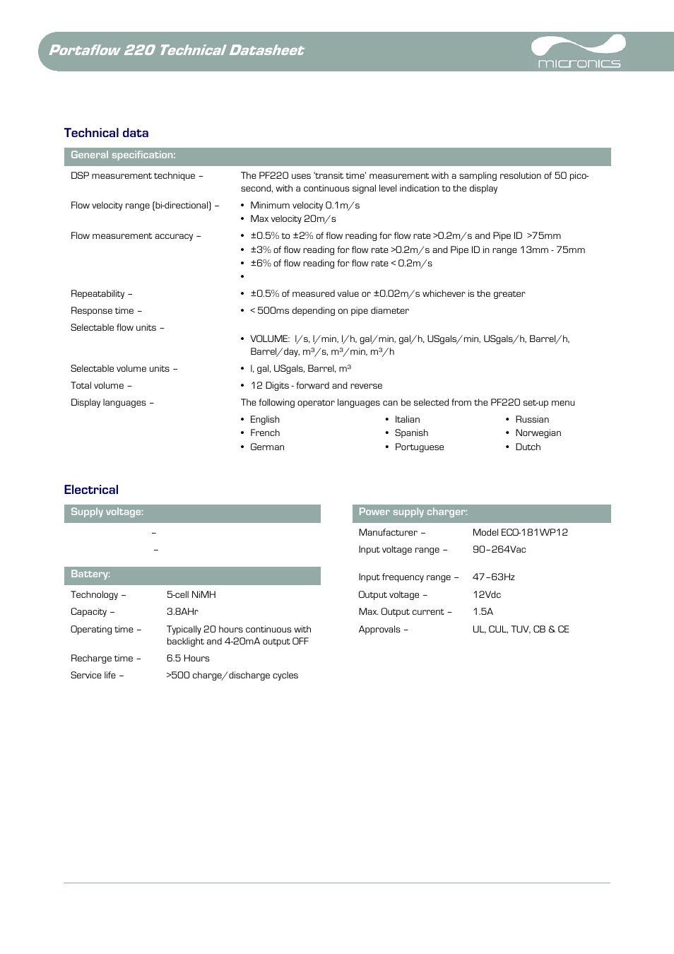 Technical data, Electrical, Portaflow 220 technical datasheet | Technical data electrical | Atec Micronics-PF220 User Manual | Page 6 / 8