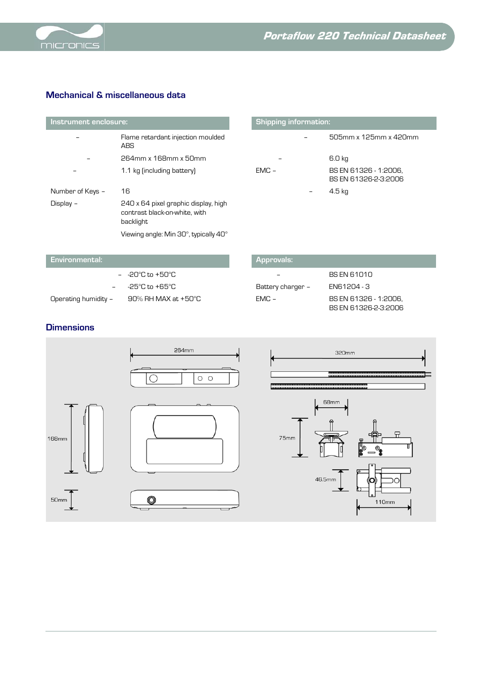 Mechanical & miscellaneous data, Dimensions, Portaflow 220 technical datasheet | Atec Micronics-PF220 User Manual | Page 7 / 8