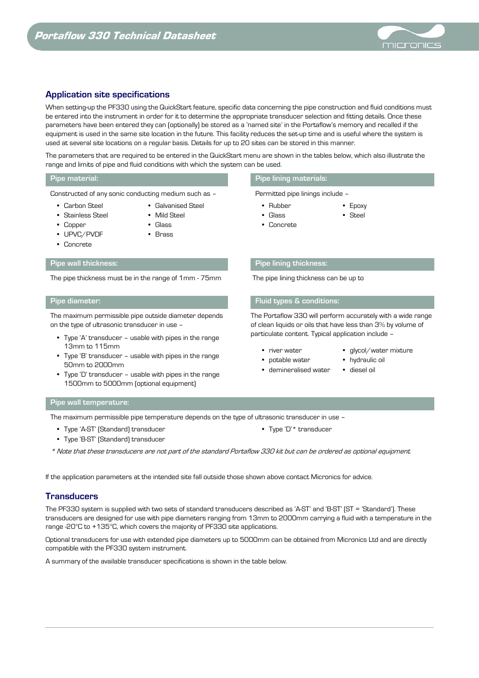 Portaflow 330 technical datasheet, Application site specifications, Transducers | Atec Micronics-PF330 User Manual | Page 4 / 10