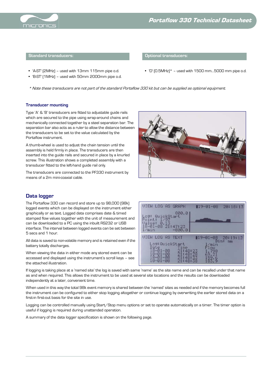 Portaflow 330 technical datasheet, Data logger | Atec Micronics-PF330 User Manual | Page 5 / 10