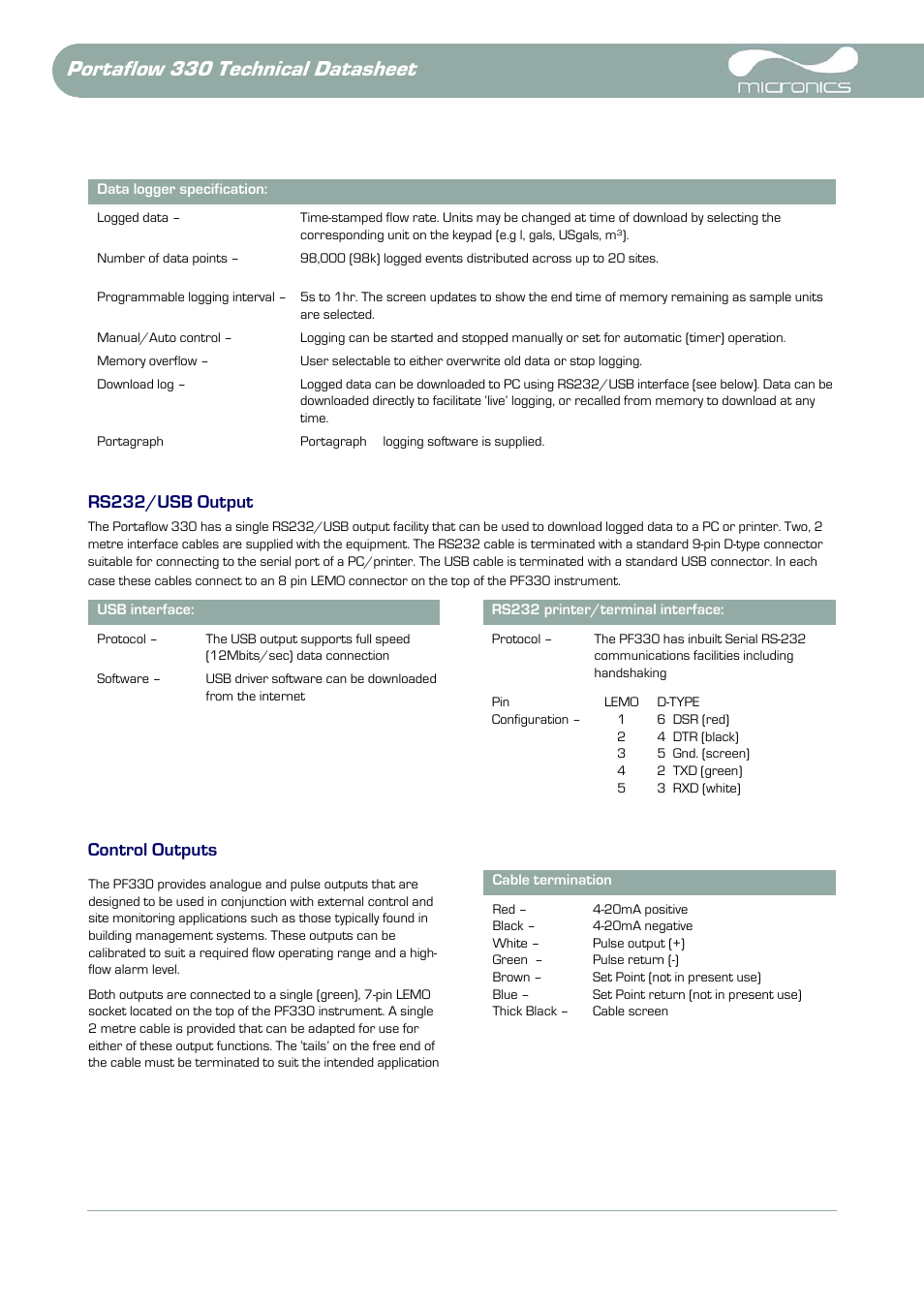 Portaflow 330 technical datasheet, Rs232/usb output, Control outputs | Atec Micronics-PF330 User Manual | Page 6 / 10