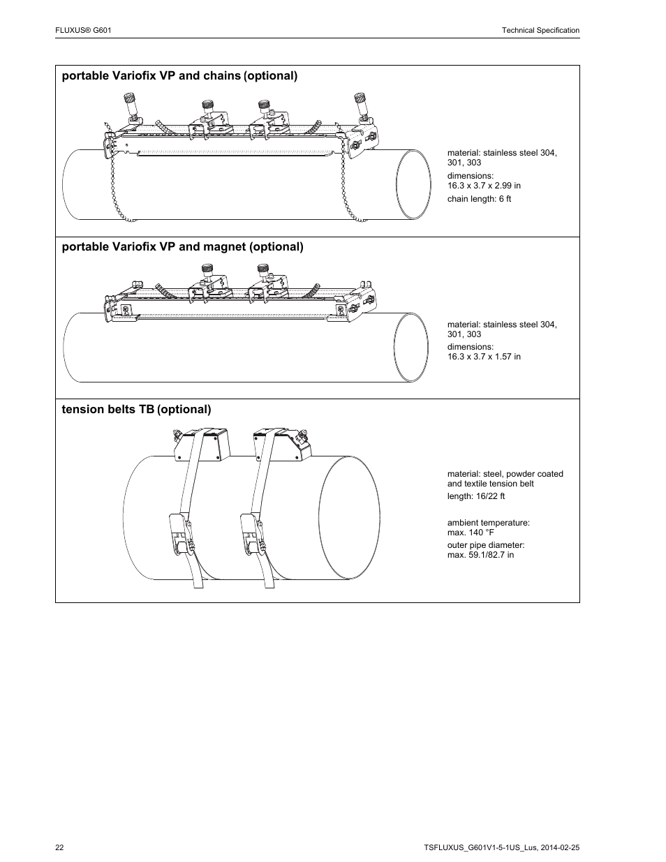 Portable variofix vp and chains, Portable variofix vp and magnet (optional), Tension belts tb | Optional) | Atec Flexim-G601 User Manual | Page 22 / 28