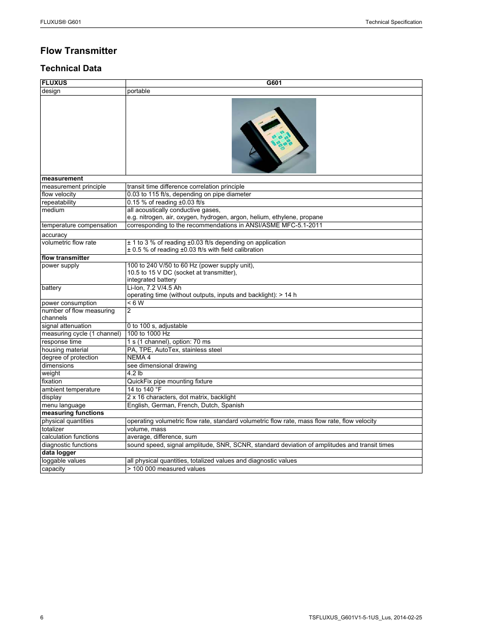 Flow transmitter, Technical data | Atec Flexim-G601 User Manual | Page 6 / 28