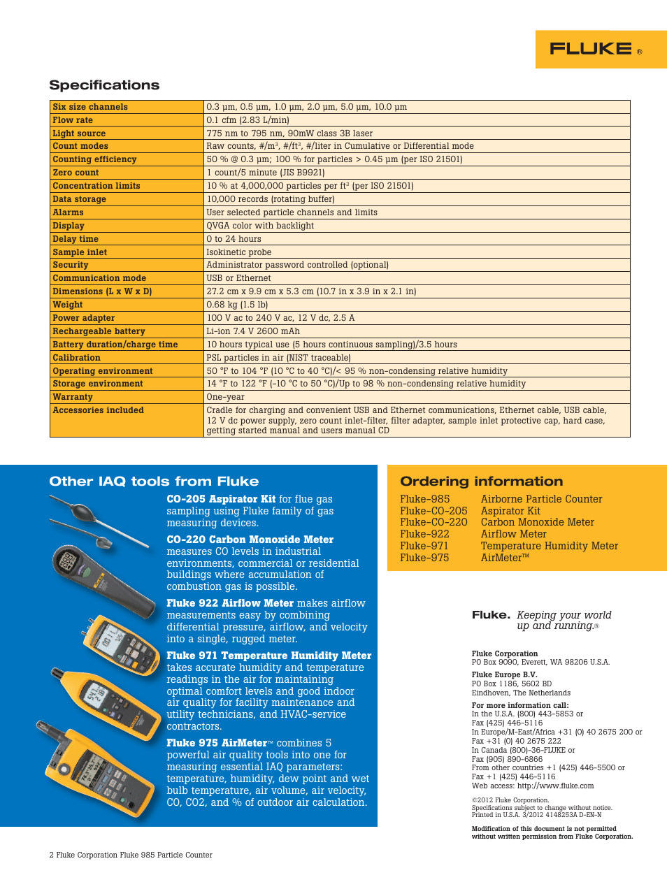 Specifications, Other iaq tools from fluke ordering information | Atec Fluke-985 User Manual | Page 2 / 2