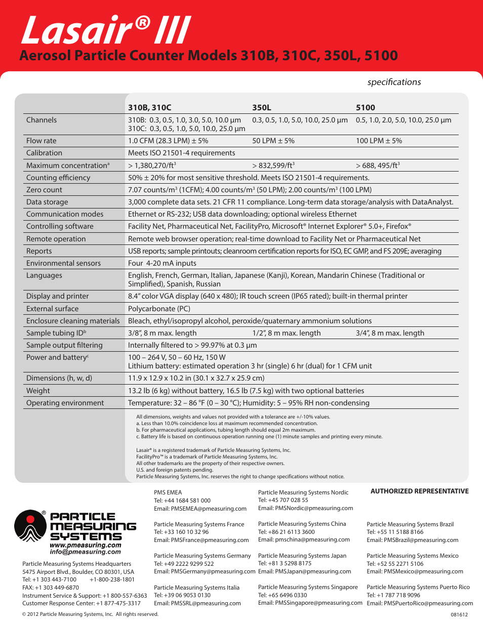 Lasair® iii, Specifications | Atec Particle-Measureing-Systems-Lasair-III User Manual | Page 2 / 2