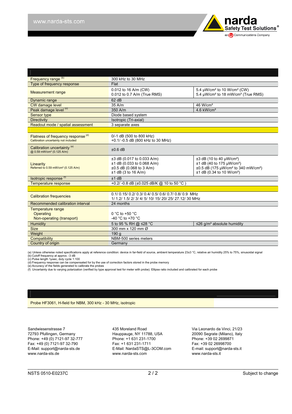 Specifications, Ordering information | Atec Narda-HF3061 User Manual | Page 2 / 2