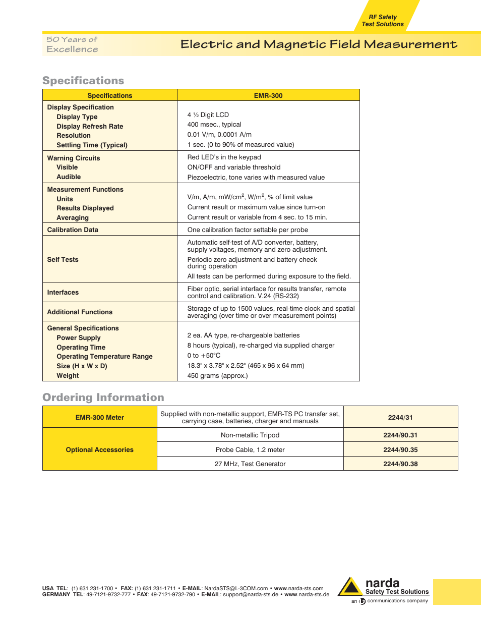 Electric and magnetic field measurement, Narda, Specifications | Ordering information, Excellence | Atec Narda-EMR-300 User Manual | Page 2 / 6