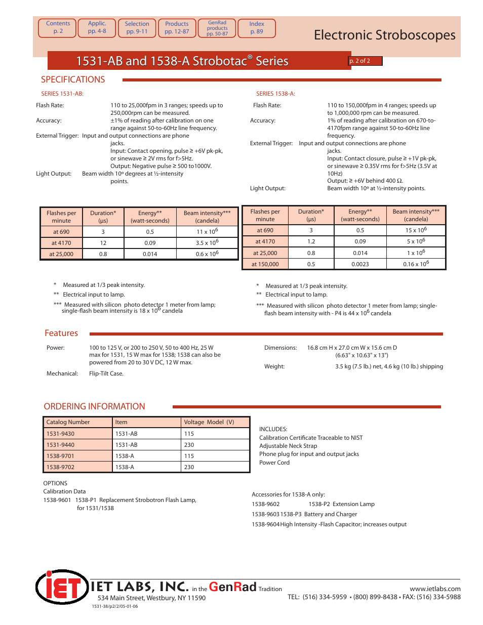 Electronic stroboscopes, Iet labs, inc, Gen r ad | Ordering information, Features, Specifications | Atec Genrad-1531-AB User Manual | Page 2 / 2