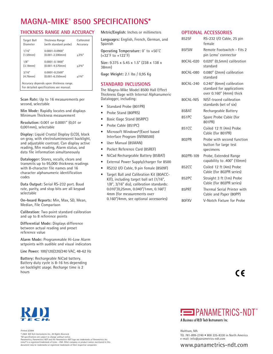 Magna-mike, 8500 specifications, Standard inclusions | Optional accessories, Thickness range and accuracy | Atec Panametrics-8500 User Manual | Page 2 / 2