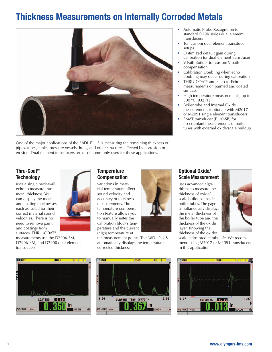 Thru-coat, Technology, Temperature compensation | Optional oxide/ scale measurement | Atec Panametrics-38DL-Plus User Manual | Page 4 / 8