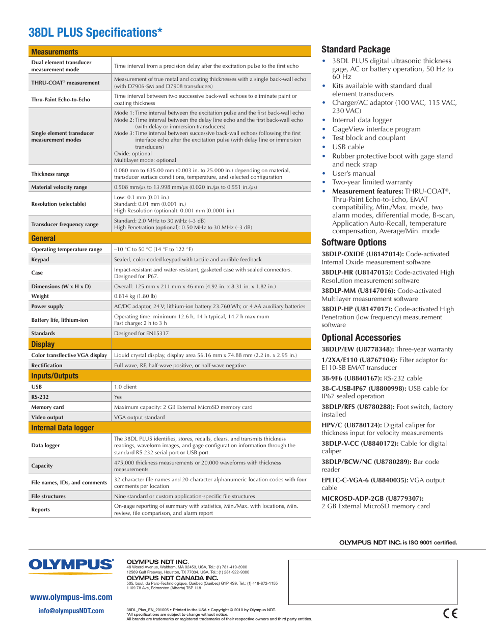 38dl plus specifications, Standard package, Software options | Optional accessories | Atec Panametrics-38DL-Plus User Manual | Page 8 / 8