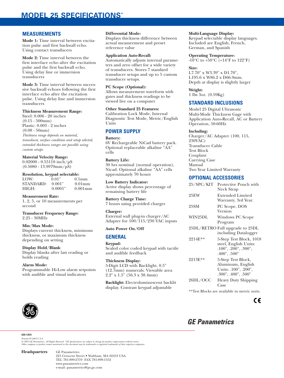 Ge panametrics, Model 25 specifications | Atec Panametrics-Olympus-25 User Manual | Page 2 / 2