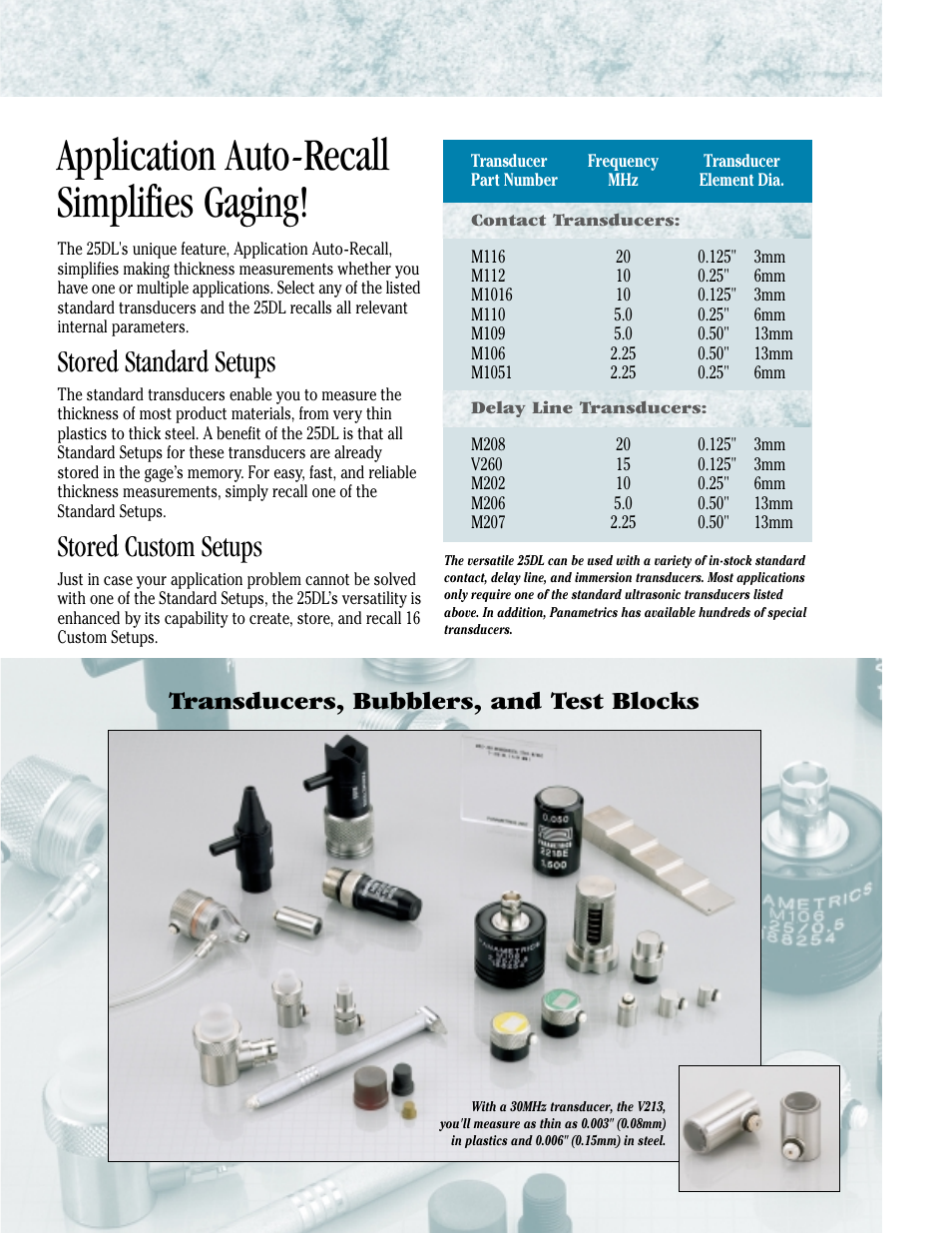 Application auto-recall simplifies gaging, Stored standard setups, Stored custom setups | Transducers, bubblers, and test blocks | Atec Panametrics-25DL User Manual | Page 5 / 6