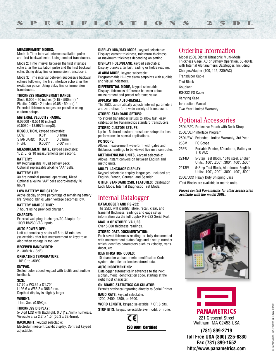 Internal datalogger, Ordering information, Optional accessories | Atec Panametrics-25DL User Manual | Page 6 / 6