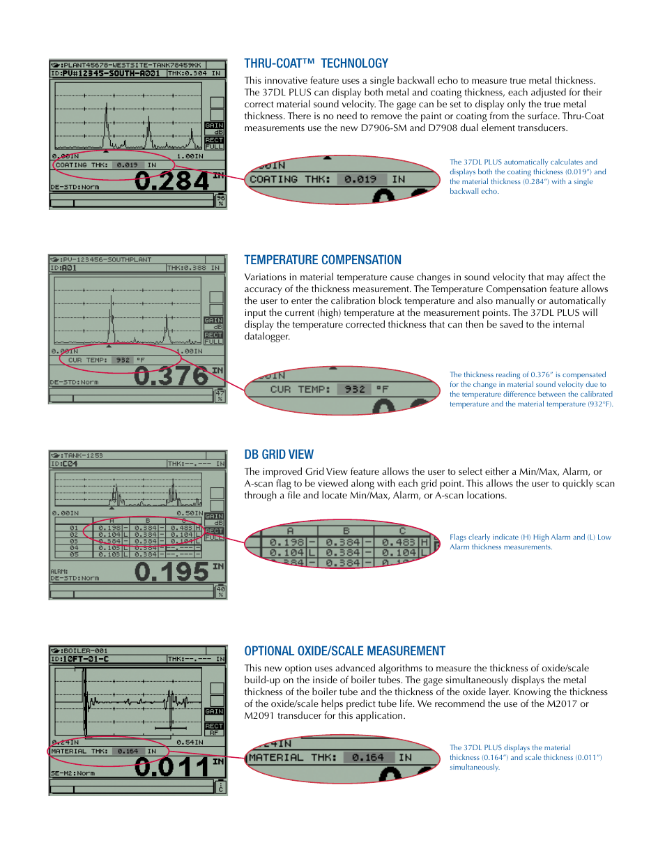 Temperature compensation, Db grid view, Optional oxide/scale measurement | Thru-coat™ technology | Atec Panametrics-Olympus-37DL-Plus User Manual | Page 3 / 4