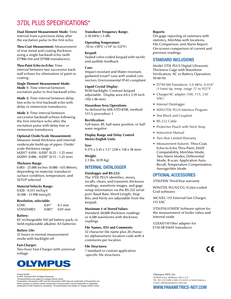 37dl plus specifications, Internal datalogger, Standard inclusions | Optional accessories | Atec Panametrics-Olympus-37DL-Plus User Manual | Page 4 / 4