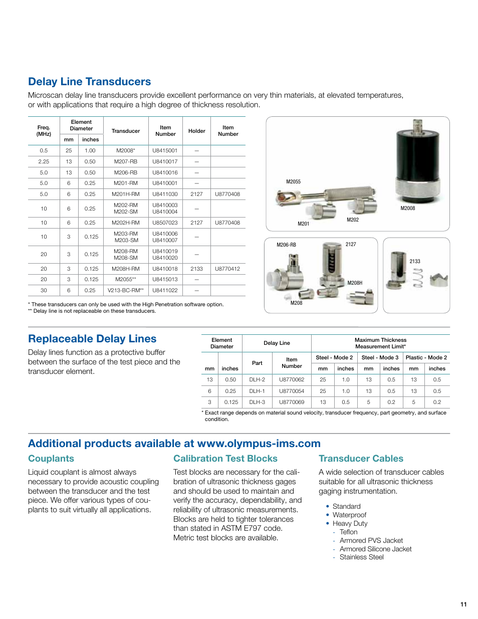 Delay line transducers, Replaceable delay lines, Couplants | Calibration test blocks, Transducer cables | Atec Olympus-45MG User Manual | Page 11 / 12