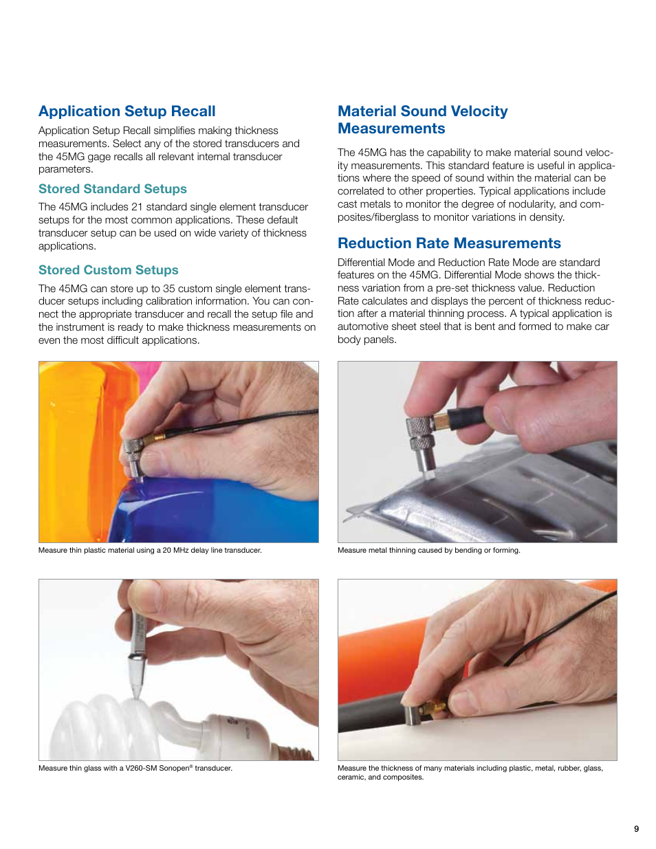 Application setup recall, Material sound velocity measurements, Reduction rate measurements | Atec Olympus-45MG User Manual | Page 9 / 12