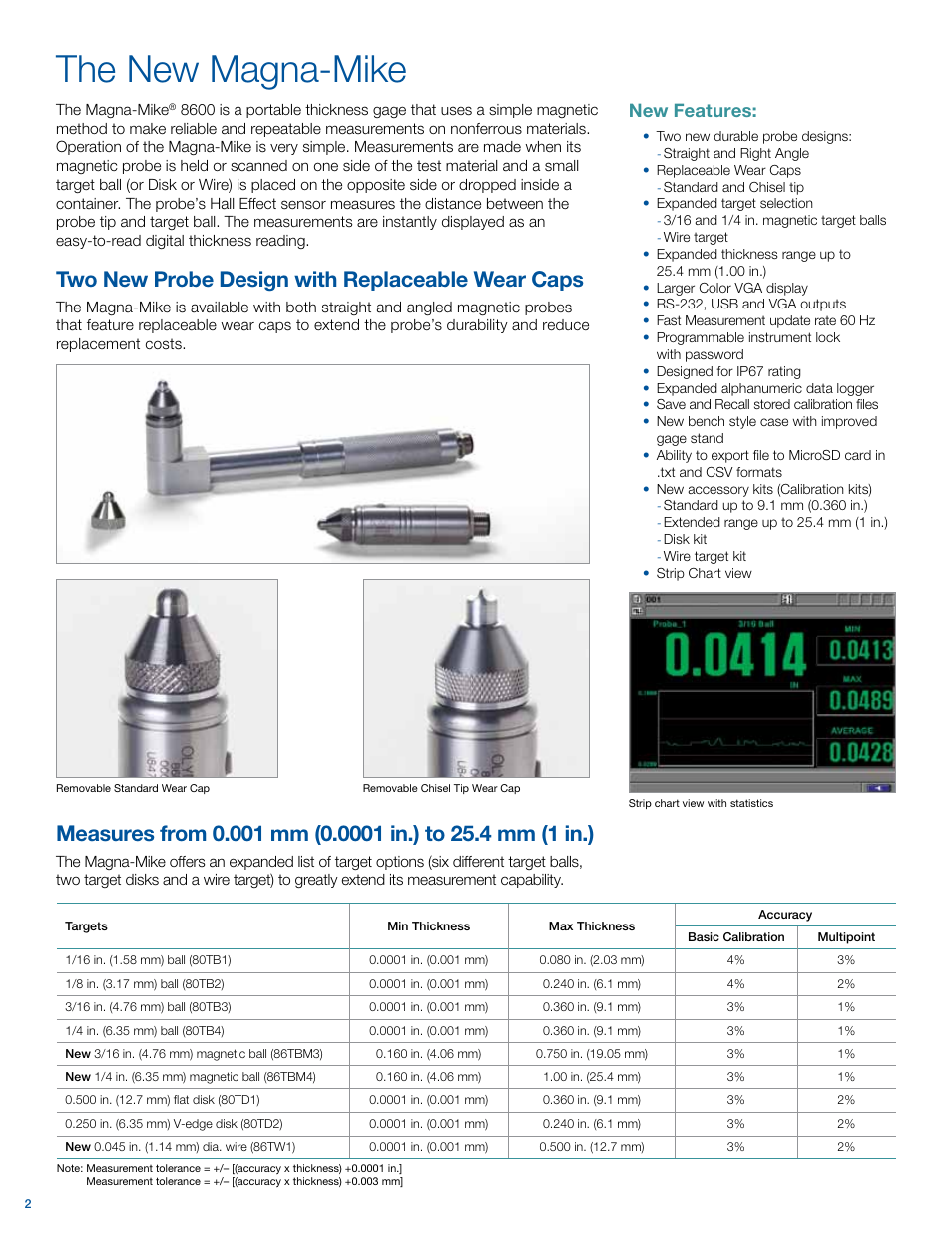 The new magna-mike, Two new probe design with replaceable wear caps, New features | Atec Olympus-Magna-Mike_8600 User Manual | Page 2 / 4