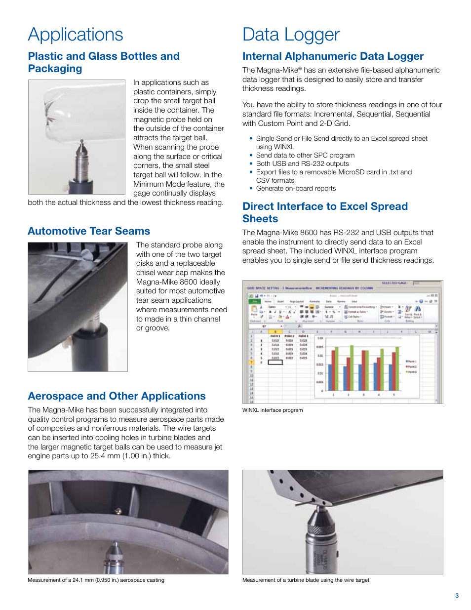 Applications, Data logger, Plastic and glass bottles and packaging | Automotive tear seams, Internal alphanumeric data logger, Direct interface to excel spread sheets, Aerospace and other applications | Atec Olympus-Magna-Mike_8600 User Manual | Page 3 / 4