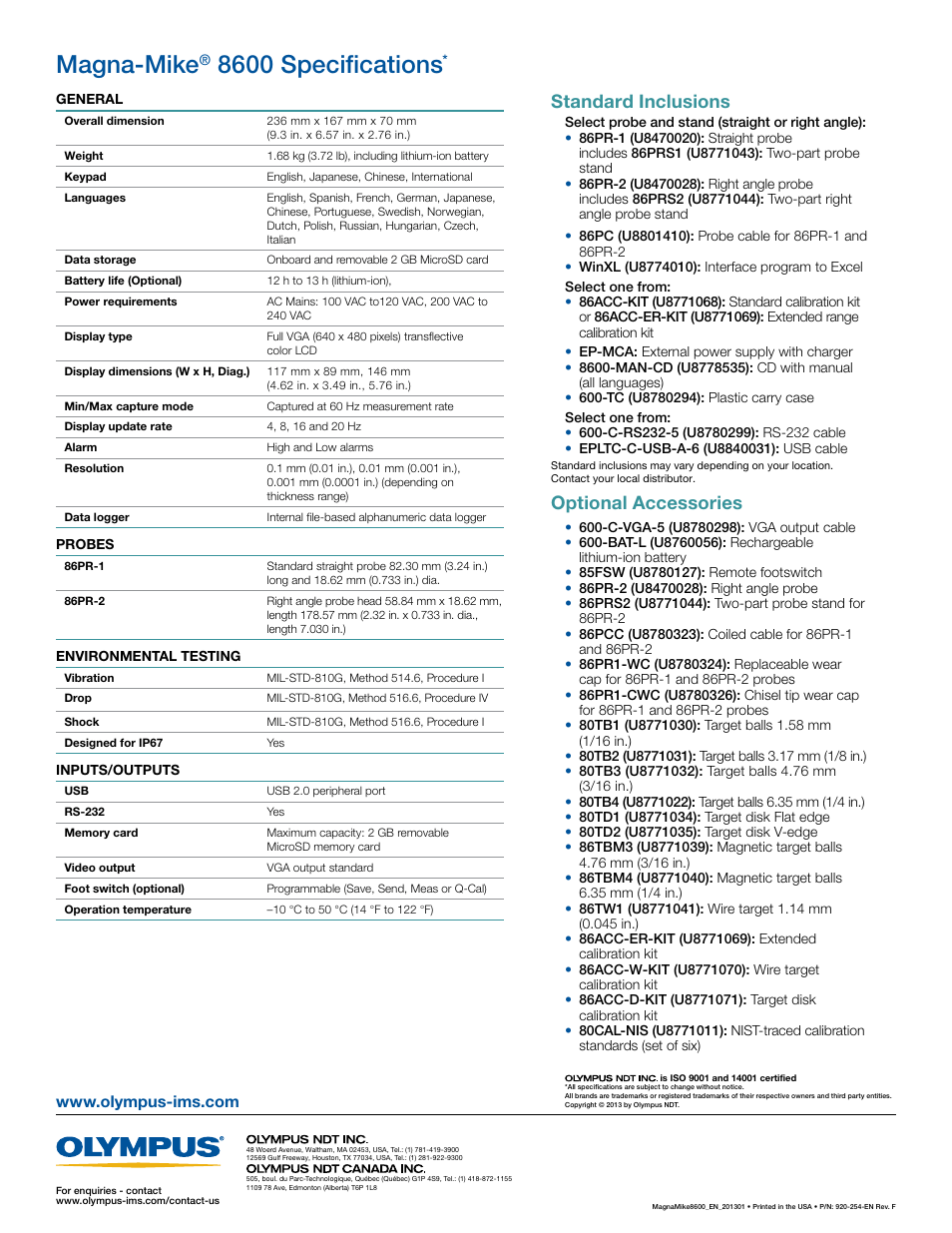 Magna-mike, 8600 specifications, Standard inclusions | Optional accessories | Atec Olympus-Magna-Mike_8600 User Manual | Page 4 / 4