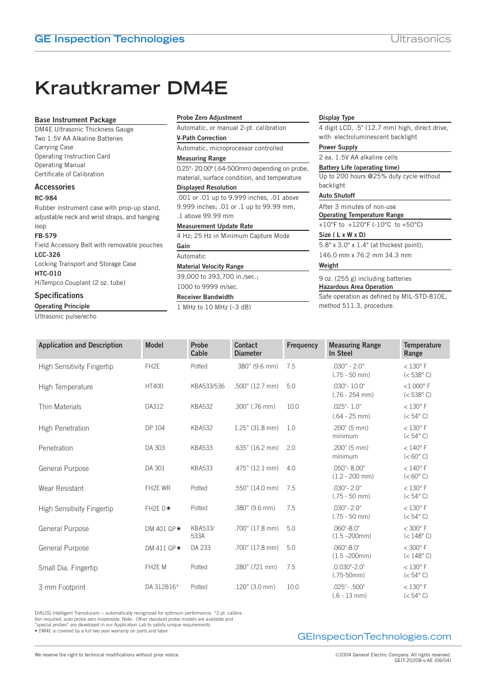 Krautkramer dm4e, Ge inspection technologies ultrasonics | Atec KrautKramer-DM4E User Manual | Page 2 / 2