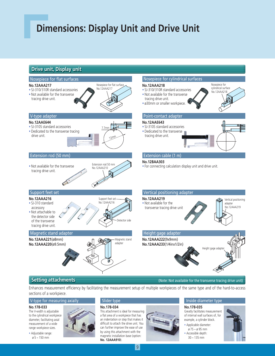 Dimensions: display unit and drive unit, Setting attachments drive unit, display unit | Atec Mitutoyo-SJ-310 User Manual | Page 9 / 12