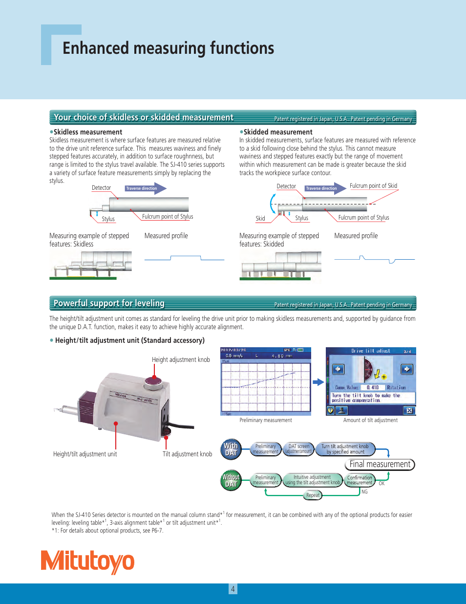 Enhanced measuring functions, Final measurement, Powerful support for leveling | Your choice of skidless or skidded measurement | Atec Mitutoyo-SJ-410 User Manual | Page 4 / 12