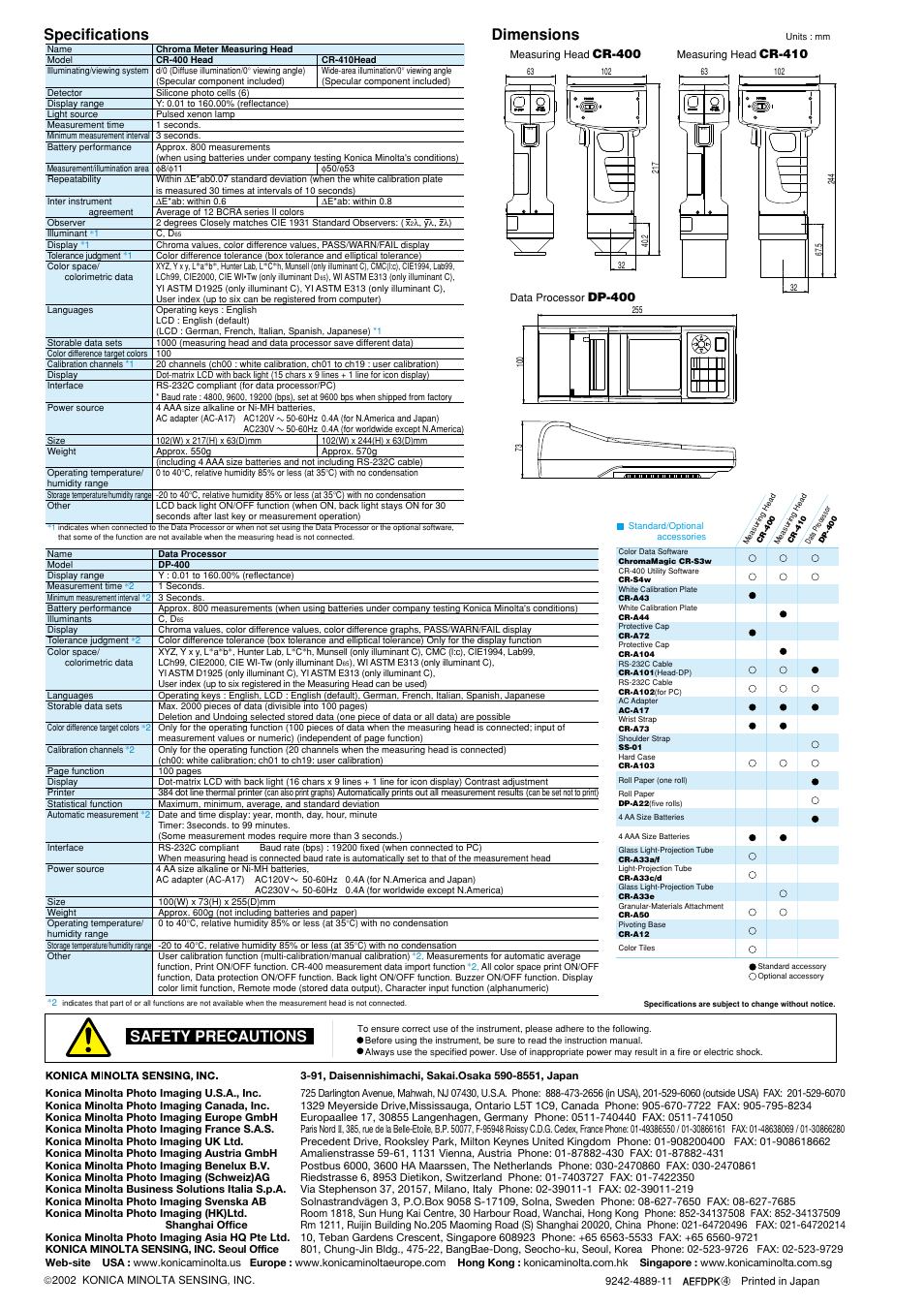 Safety precautions, Dimensions specifications | Atec Konica-Minolta-CR-400-410 User Manual | Page 5 / 5