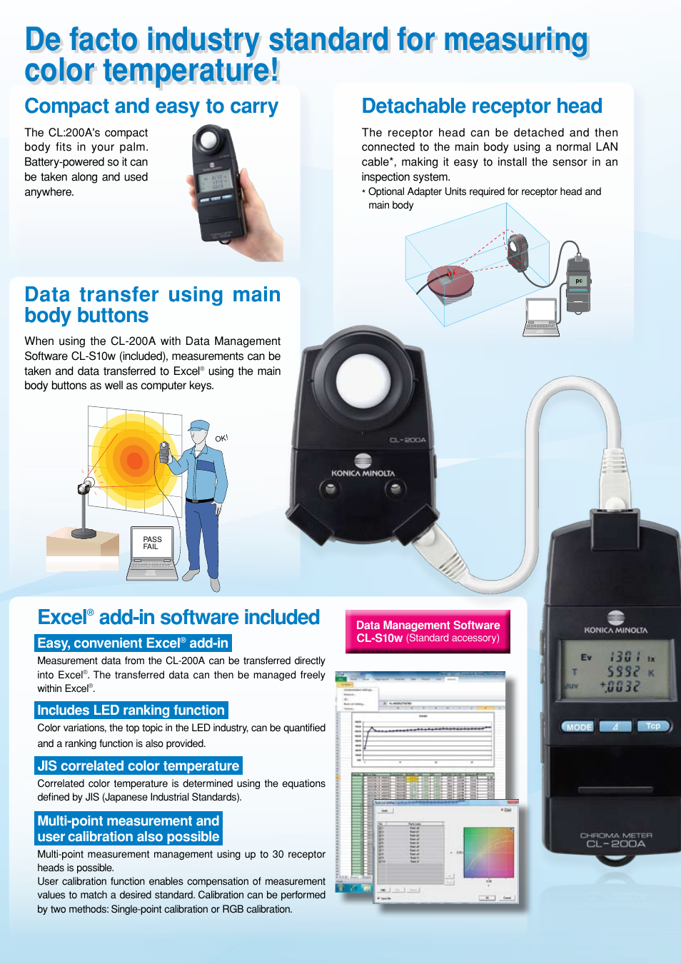 Compact and easy to carry, Detachable receptor head, Data transfer using main body buttons | Excel, Add-in software included | Atec Konica-Minolta-CL-200A User Manual | Page 2 / 6