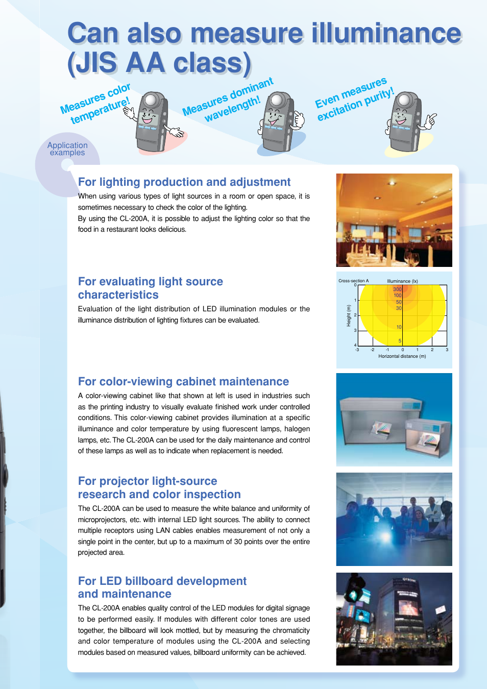 Can also measure illuminance (jis aa class), For lighting production and adjustment, For evaluating light source characteristics | For color-viewing cabinet maintenance, For led billboard development and maintenance, Pass fail | Atec Konica-Minolta-CL-200A User Manual | Page 3 / 6