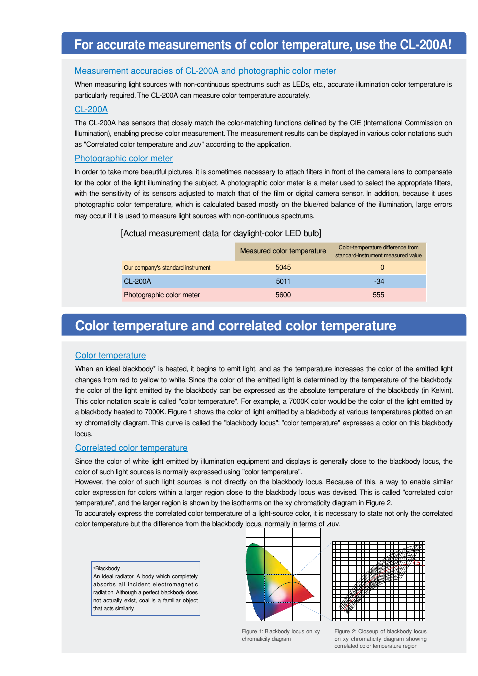Color temperature and correlated color temperature, Cl-200a, Photographic color meter | Color temperature, Correlated color temperature, Measured color temperature, Our company's standard instrument | Atec Konica-Minolta-CL-200A User Manual | Page 4 / 6