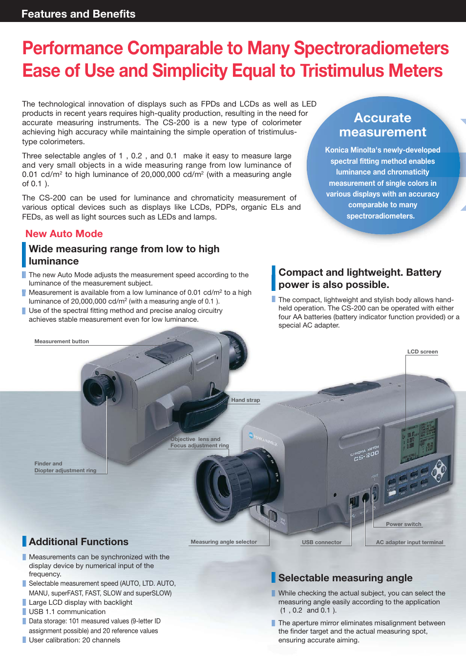 Al to tr t t istimulus meters, Accurate measurement, Features and benefits | Atec Konica-Minolta-CS200 User Manual | Page 2 / 6