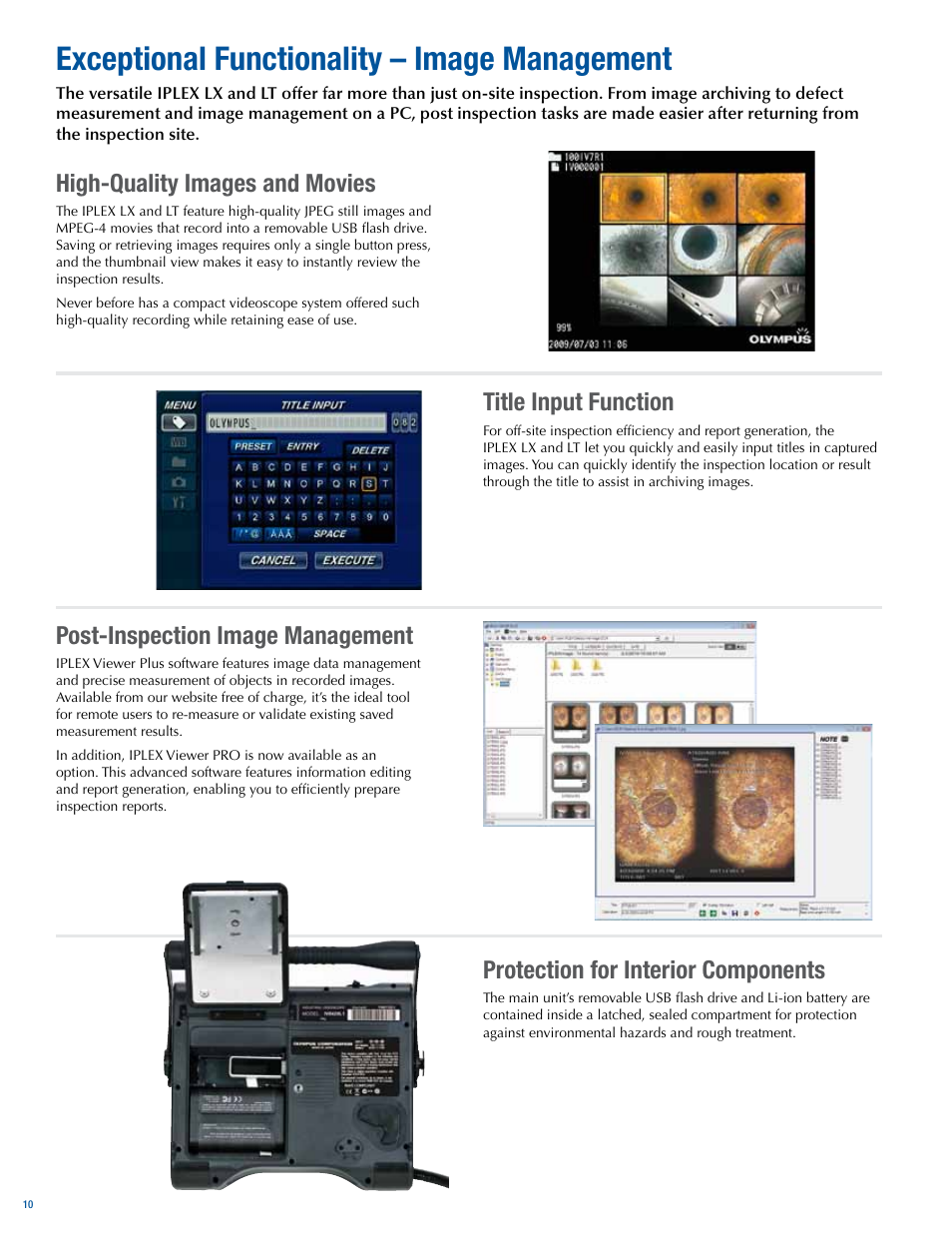 Exceptional functionality – image management, High-quality images and movies, Title input function | Post-inspection image management, Protection for interior components | Atec Panametrics-Olympus-IPLEX-LT-LX User Manual | Page 10 / 16