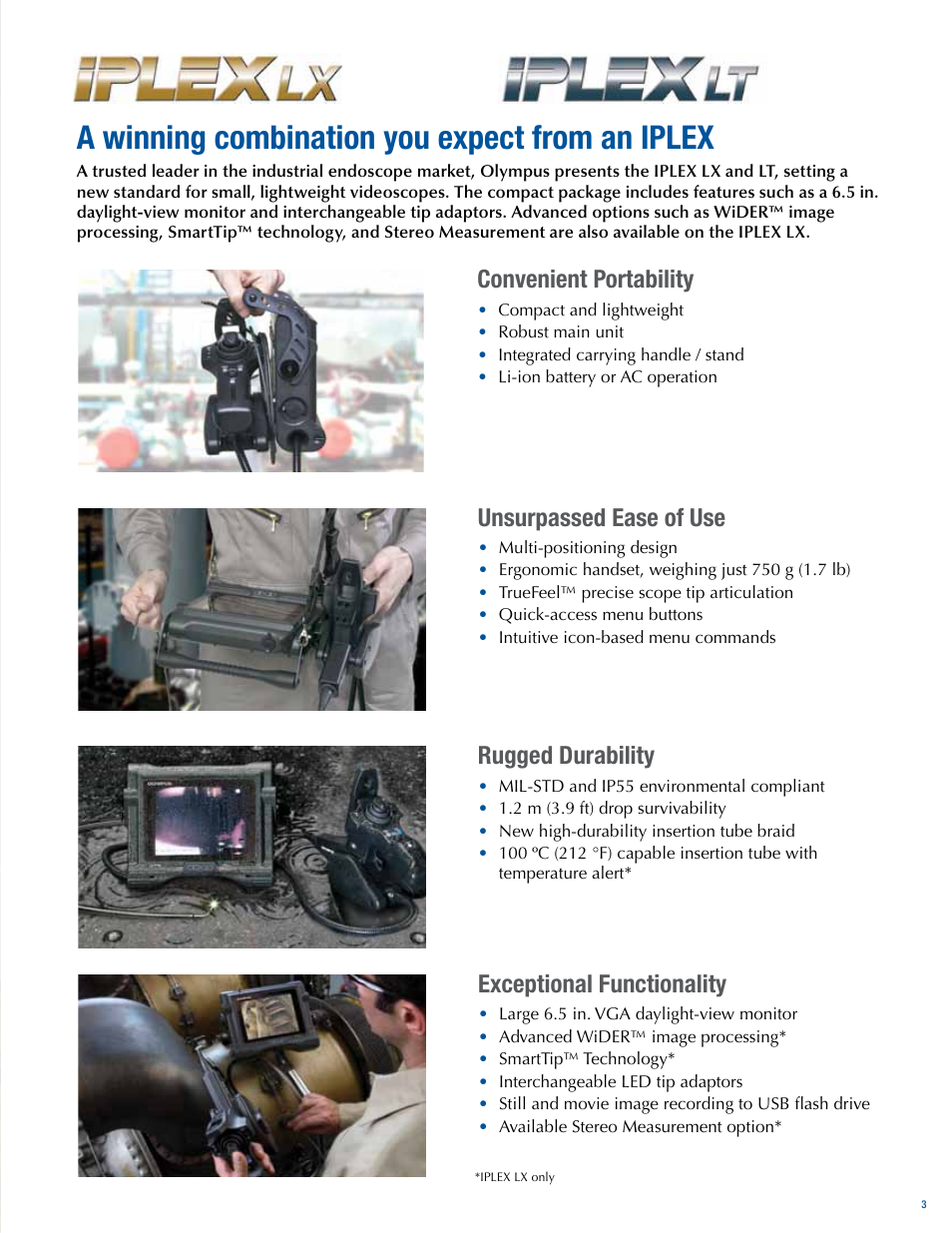 A winning combination you expect from an iplex, Convenient portability, Unsurpassed ease of use | Rugged durability, Exceptional functionality | Atec Panametrics-Olympus-IPLEX-LT-LX User Manual | Page 3 / 16