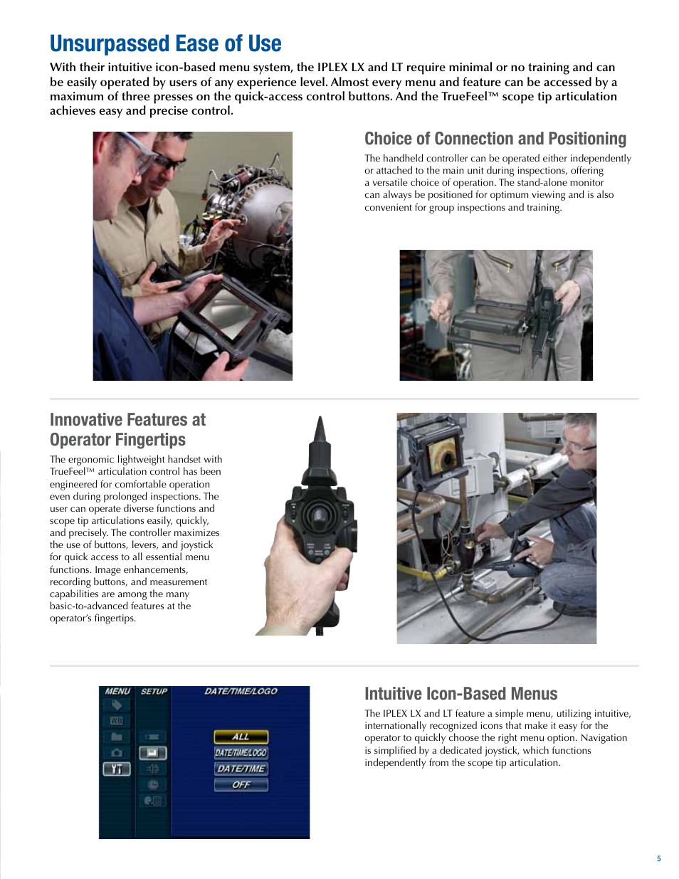 Unsurpassed ease of use, Choice of connection and positioning, Intuitive icon-based menus | Innovative features at operator fingertips | Atec Panametrics-Olympus-IPLEX-LT-LX User Manual | Page 5 / 16