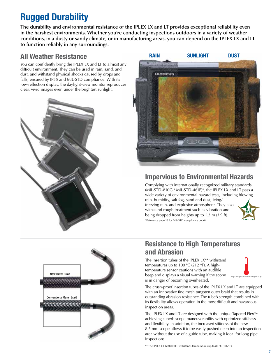 Rugged durability, All weather resistance, Impervious to environmental hazards | Resistance to high temperatures and abrasion | Atec Panametrics-Olympus-IPLEX-LT-LX User Manual | Page 7 / 16