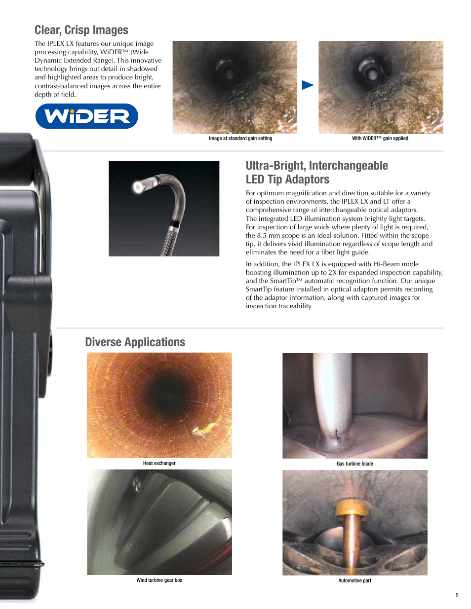 Clear, crisp images, Ultra-bright, interchangeable led tip adaptors, Diverse applications | Atec Panametrics-Olympus-IPLEX-LT-LX User Manual | Page 9 / 16