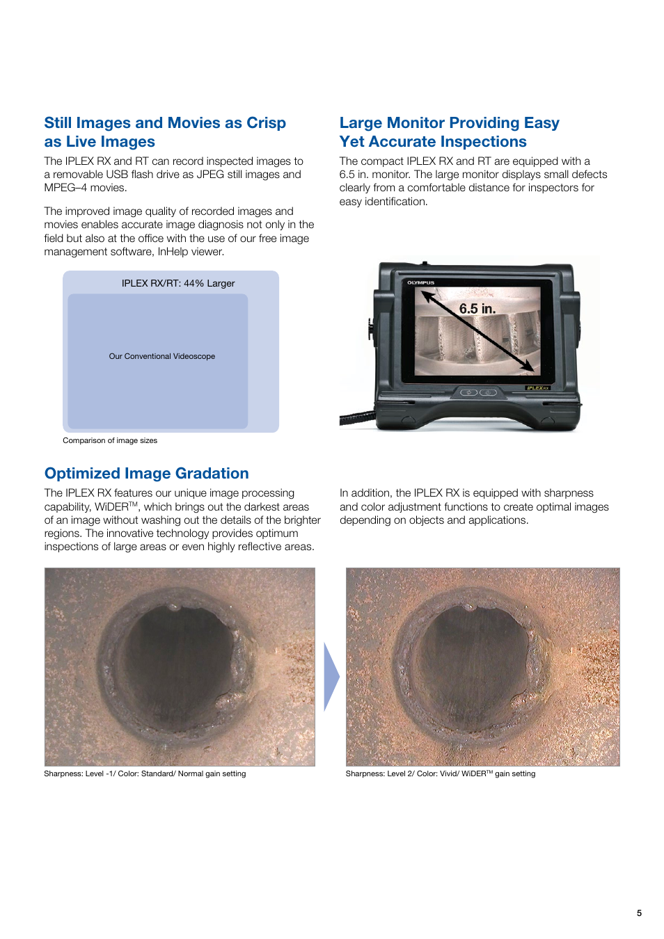 Still images and movies as crisp as live images, Optimized image gradation | Atec Olympus-Iplex-RX-RT User Manual | Page 5 / 12