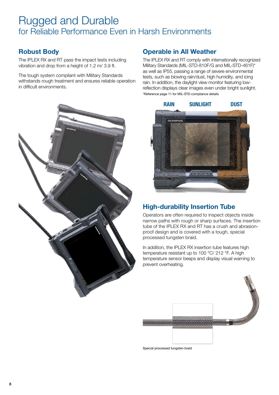 Rugged and durable, Operable in all weather, Robust body | High‐durability insertion tube | Atec Olympus-Iplex-RX-RT User Manual | Page 8 / 12