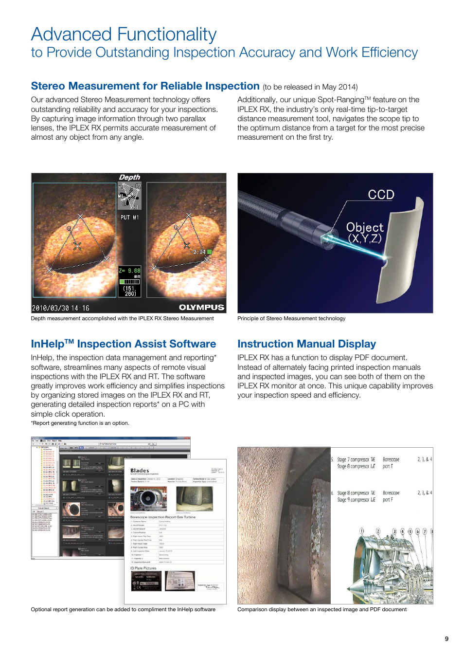 Advanced functionality, Stereo measurement for reliable inspection, Instruction manual display | Inhelp, Inspection assist software | Atec Olympus-Iplex-RX-RT User Manual | Page 9 / 12