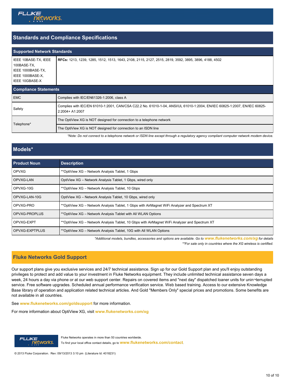 Standards and compliance specifications, Models, Fluke networks gold support | Atec Fluke-OptiView-XG User Manual | Page 10 / 10