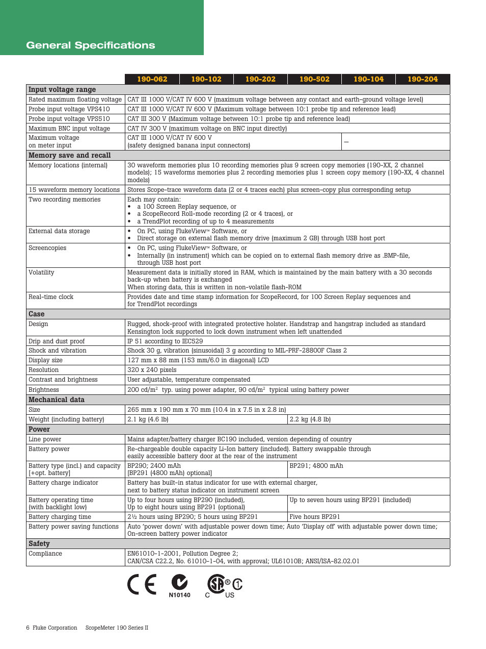 General specifications | Atec Fluke-190 Series User Manual | Page 6 / 8