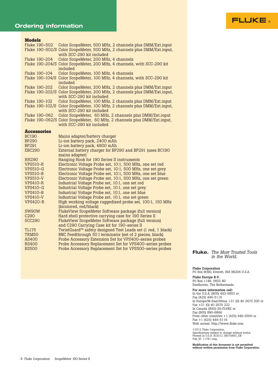 Ordering information | Atec Fluke-190 Series User Manual | Page 8 / 8