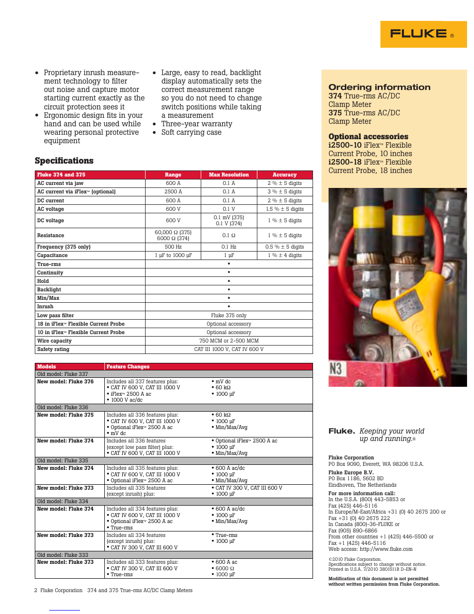 Specifications, Ordering information, Optional accessories | Flexible current probe, 18 inches | Atec Fluke-375 User Manual | Page 2 / 2