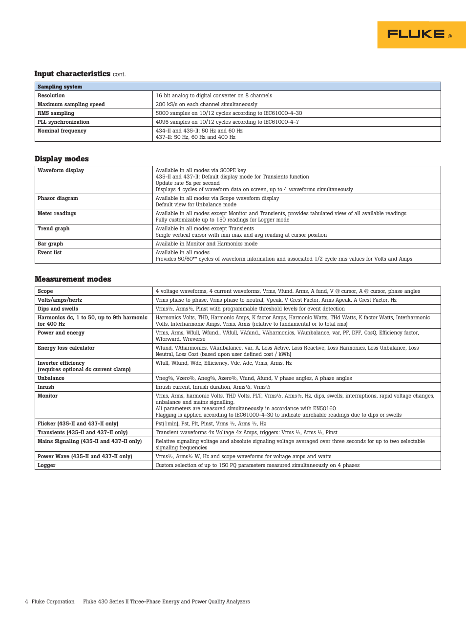 Measurement modes, Display modes, Input characteristics | Atec Fluke-430 Series User Manual | Page 4 / 8