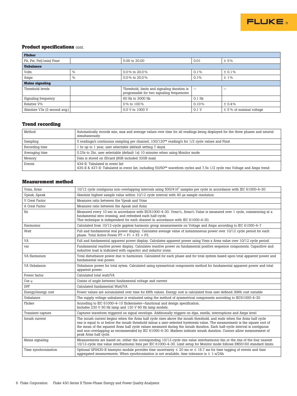 Trend recording, Measurement method, Product specifications | Atec Fluke-430 Series User Manual | Page 6 / 8