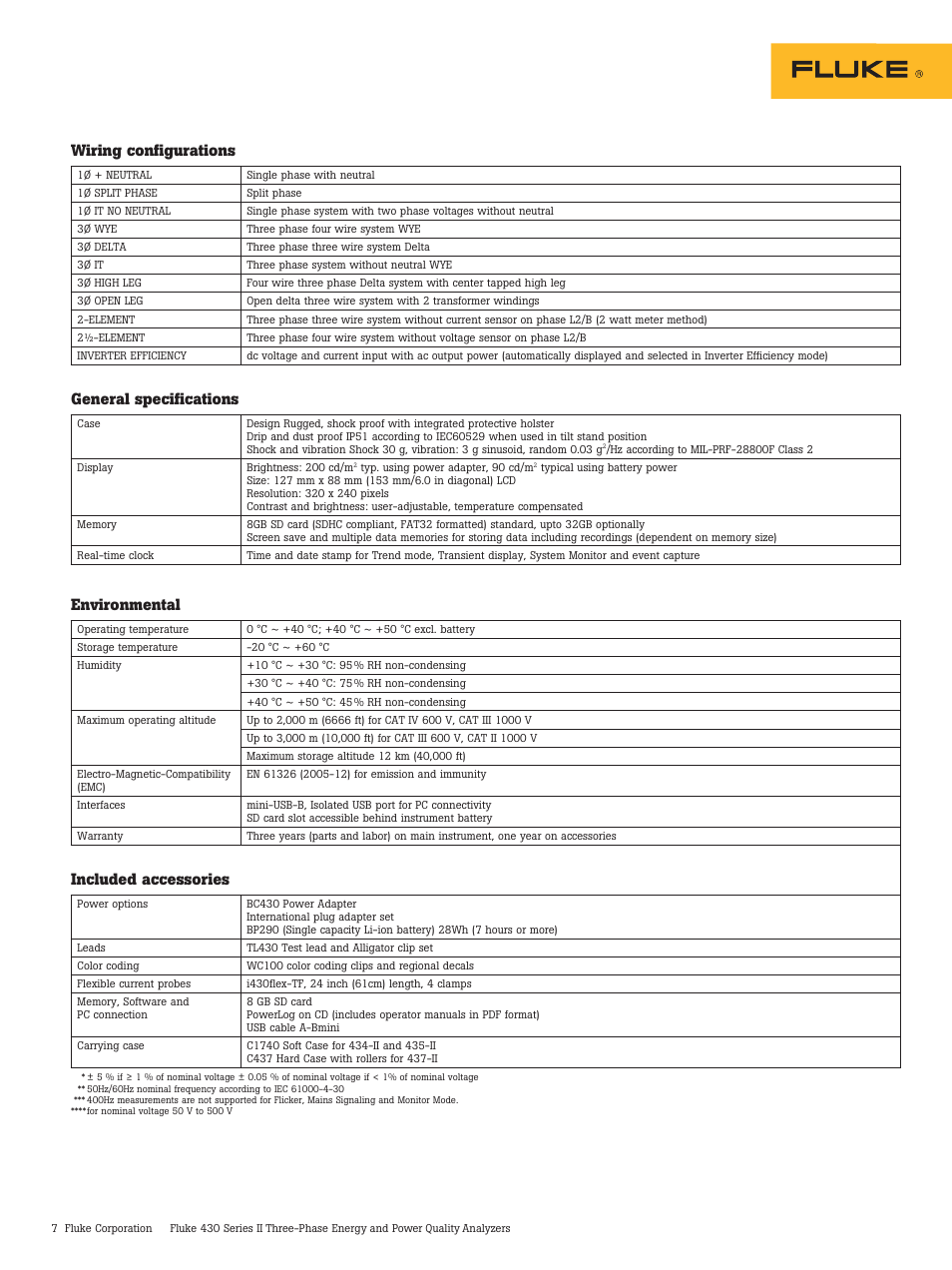 Environmental, Included accessories, Wiring configurations | General specifications | Atec Fluke-430 Series User Manual | Page 7 / 8