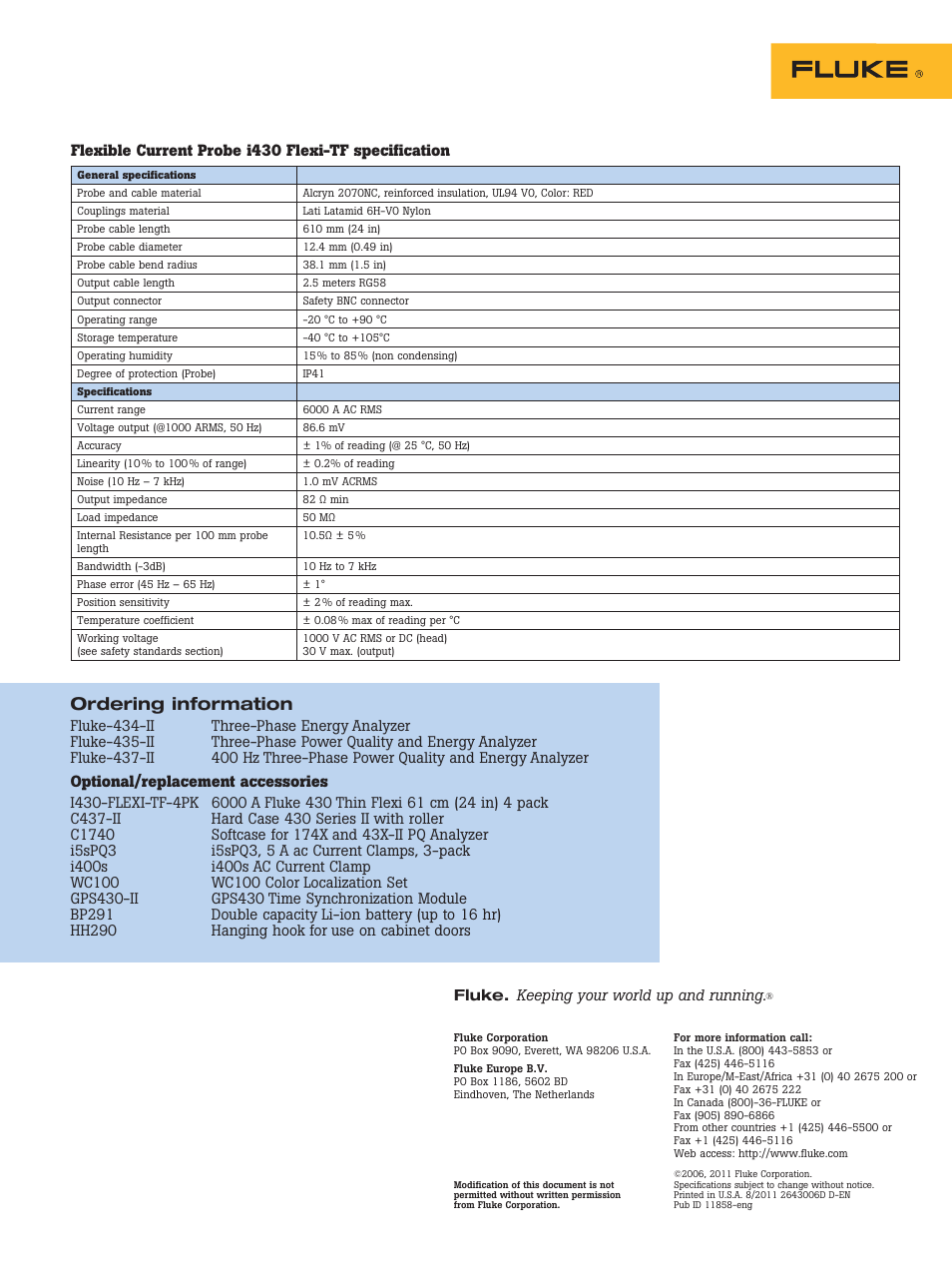 Ordering information, Optional/replacement accessories, Flexible current probe i430 flexi-tf specification | Atec Fluke-430 Series User Manual | Page 8 / 8